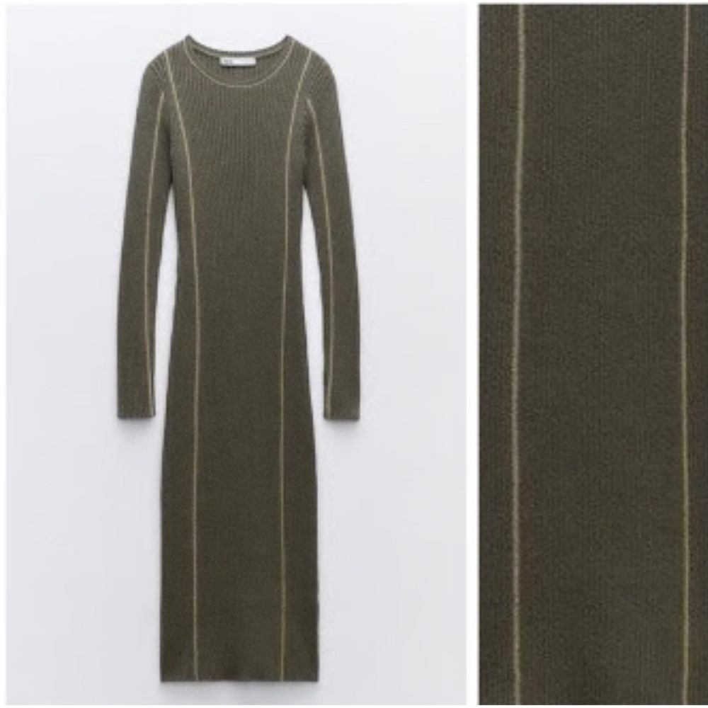 Zara Ribbed Knit Midi Dress‎ Olive Green Long Sleeve Piping 2488/112/505 Medium